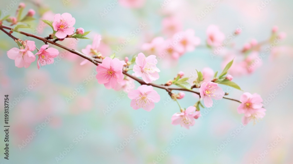 A delicate cherry blossom branch adorned with soft pink flowers against a dreamy, blurred pastel background A delicate cherry blossom branch adorned with soft pink flowers against a dreamy, blurred pastel background