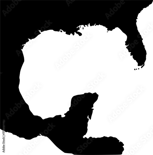 Map of the Gulf Coast, geographic area in the extreme southern United States along the northern portion of the Gulf of Mexico. BW and Flat Style. Vector Illustration