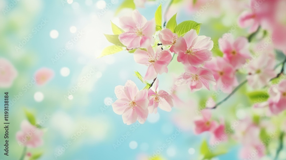 Delicate pink cherry blossoms illuminated by soft sunlight against a tranquil blue background, evoking a serene spring atmosphere Delicate pink cherry blossoms illuminated by soft sunlight against a tranquil blue background, evoking a serene spring atmosphere