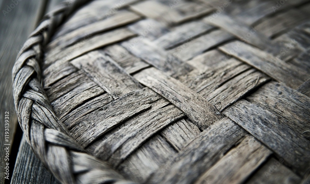 Fototapeta premium Close-up of rustic woven wooden tray on wooden surface, ideal for food presentation