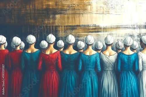 Illustration of group of women wearing handmaid style dresses and white hats standing beside a wall. Dystopian submission culture. Followers of a sect. Cult concept. photo