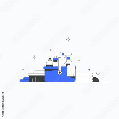 Cleaning supplies in a bucket in flat vector illustration symbolizing cleanliness, sanitation, and maintenance, isolated on white background.
