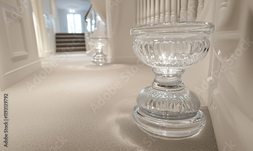 Crystal newel post on carpeted stairs in modern home interior, real estate or decor use