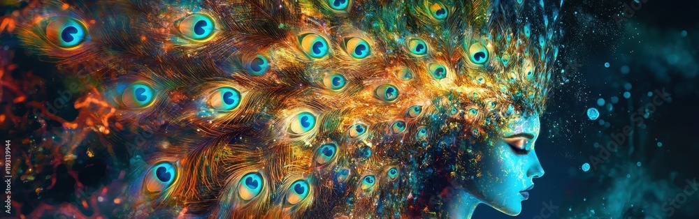 Fototapeta premium Surreal woman radiates warmth surrounded by glowing peacocks and vibrant feather patterns