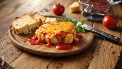 A plate filled with melted cheddar cheese, oniony goodness, and a tangy tomato sauce drizzle served on a wooden table , meal, appetite, mouthwatering photo