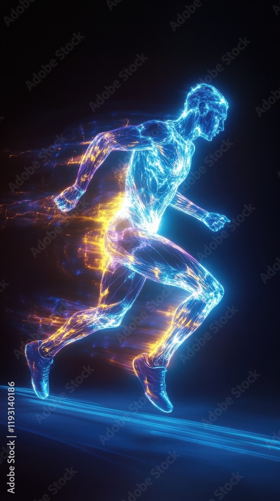 Fototapeta premium Surreal portrait of a glowing sprinter racing through radiant currents in a dynamic display of speed and motion