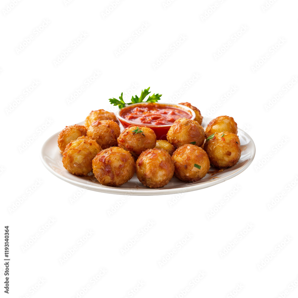 Crispy Arancini on Plate: A close-up shot of a plate piled high with golden-brown, perfectly fried arancini, accompanied by a vibrant red marinara sauce and a sprig of fresh parsley. Crispy Arancini on Plate: A close-up shot of a plate piled high with golden-brown, perfectly fried arancini, accompanied by a vibrant red marinara sauce and a sprig of fresh parsley.