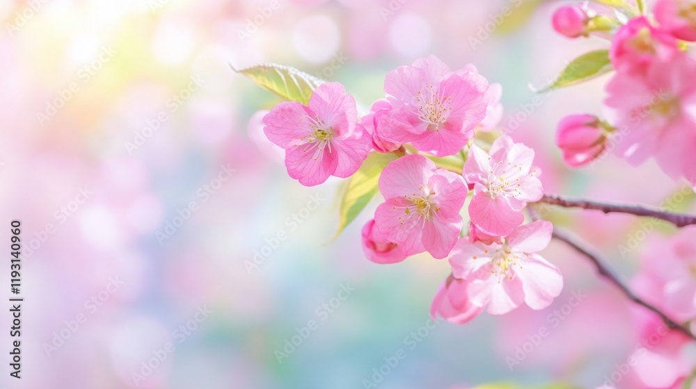 A close-up of delicate pink blossoms on a branch, set against a soft, dreamy background of pastel colors and light A close-up of delicate pink blossoms on a branch, set against a soft, dreamy background of pastel colors and light