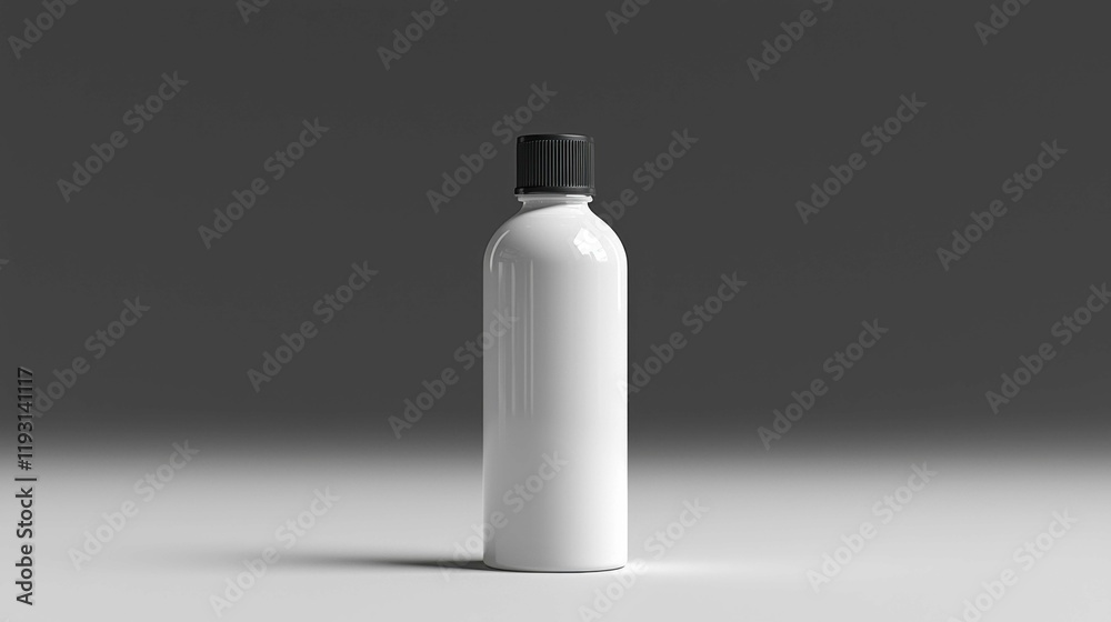 A minimalistic white bottle with a black cap, ideal for showcasing beauty or skincare products in an elegant manner against a dark gray background. A minimalistic white bottle with a black cap, ideal for showcasing beauty or skincare products in an elegant manner against a dark gray background.