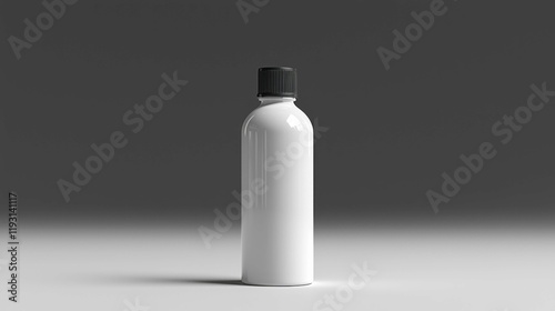 A minimalistic white bottle with a black cap, ideal for showcasing beauty or skincare products in an elegant manner against a dark gray background.