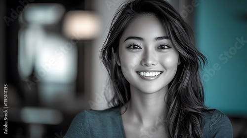 Smiling woman posing in cozy indoor space modern lifestyle portrait photography