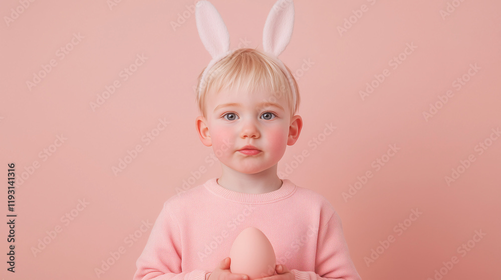 Sweet Easter Bunny: A little boy, dressed in pink, holds a speckled Easter egg and wears white bunny ears. The soft pastel pink background creates a dreamy atmosphere.