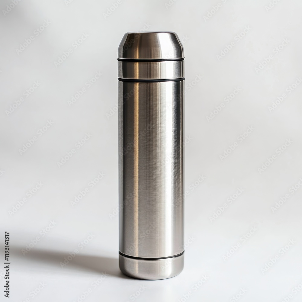 Sleek stainless steel travel thermos with screw-top lid on a white background Sleek stainless steel travel thermos with screw-top lid on a white background