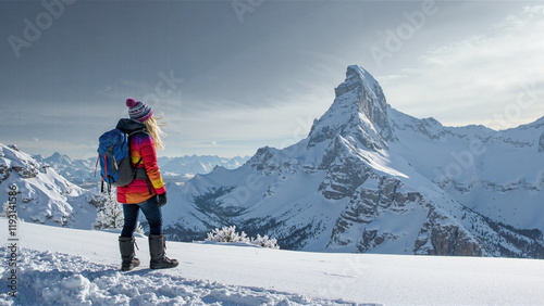 Winter mountain vacation with a backpack and beautiful views. #1193141586