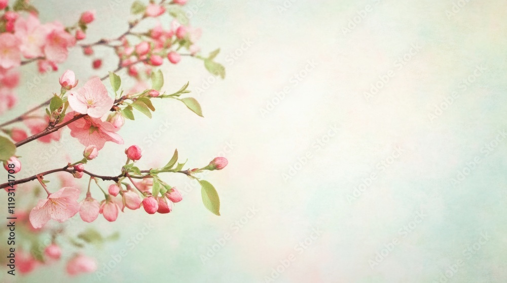 Fototapeta premium Delicate pink blossoms and buds on a soft pastel background, evoking a serene, springtime atmosphere