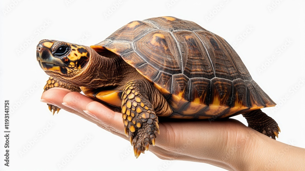 Obraz premium Tortoise Resting on Human Hand Against White Background - Educational Wildlife Image