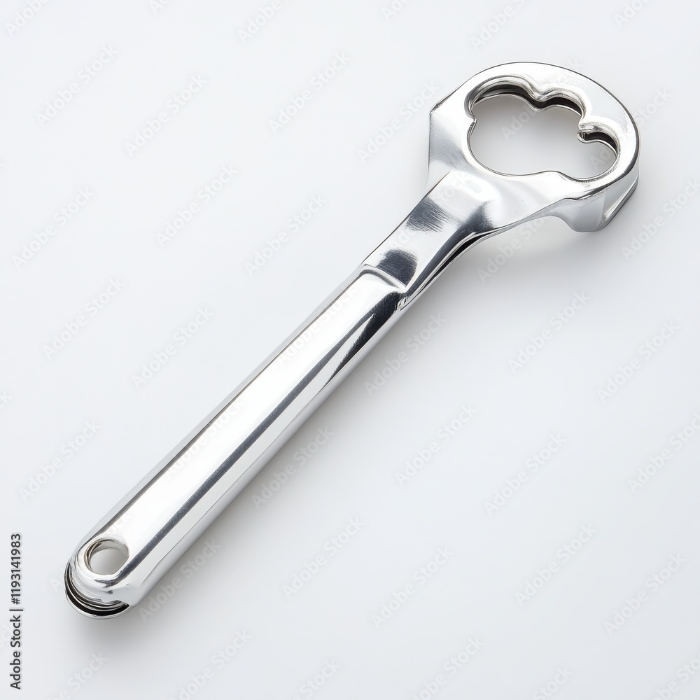 Shiny silver can opener with smooth handle resting flat on white background for kitchen use and functionality Shiny silver can opener with smooth handle resting flat on white background for kitchen use and functionality
