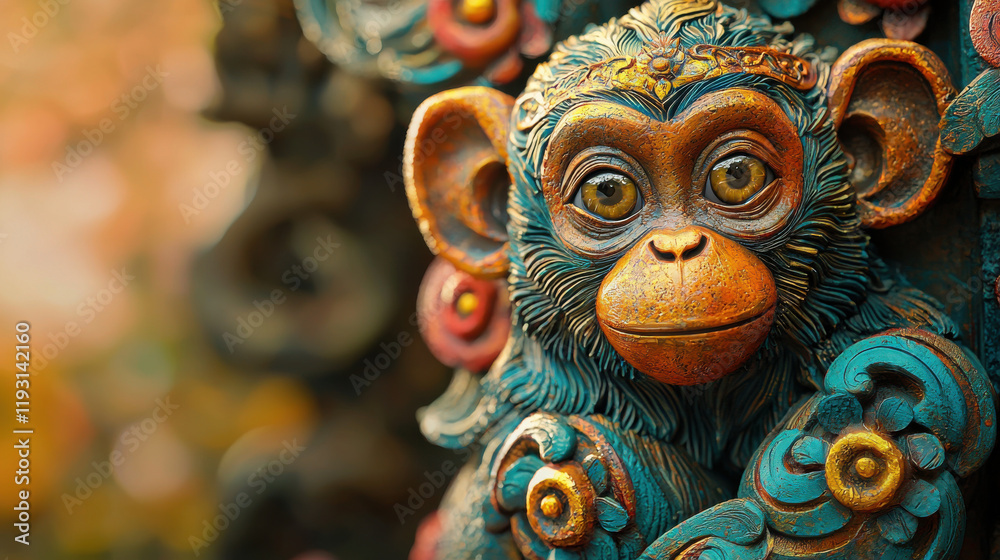 Naklejka premium detailed 3D design of monkey representing Leo zodiac sign, featuring vibrant colors and intricate floral patterns. This artistic piece captures whimsical charm and creativity