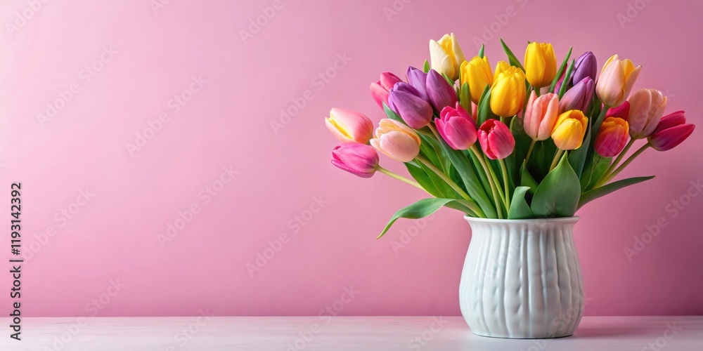 Vibrant spring bouquet of multicolored tulips in a textured white vase against a soft pink background Vibrant spring bouquet of multicolored tulips in a textured white vase against a soft pink background