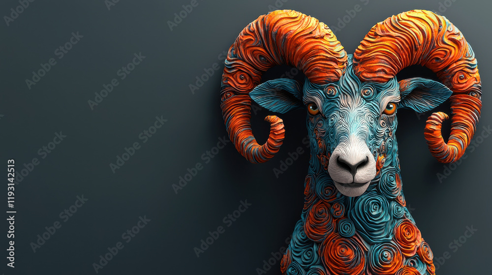 Obraz premium vibrant 3D illustration of goat with intricate patterns, symbolizing Capricorn zodiac. colorful design features swirling textures and bold colors, creating striking visual impact