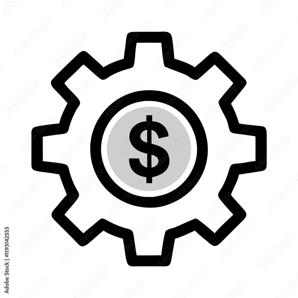 Cog with dollar icon in black and white illustration Cog with dollar icon in black and white illustration