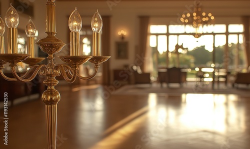 Golden candelabra in elegant ballroom with sunset view through window