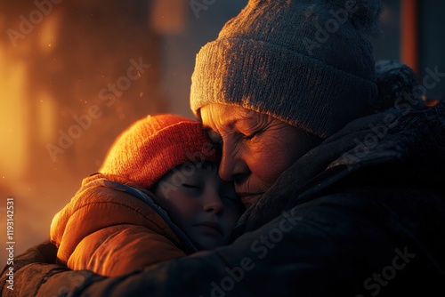 Middle aged woman offers comfort to child in temporary shelter during low light hours photo