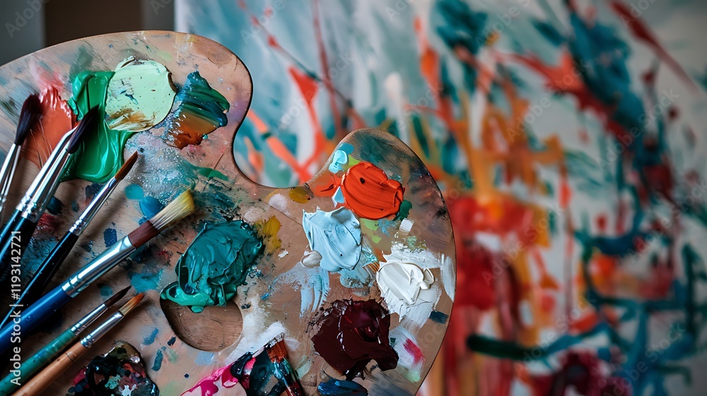 Fototapeta premium Close-up of a paint-smeared artist’s palette with vibrant red, teal, orange, and yellow hues. Scattered brushes and blurred background of an abstract painting evoke