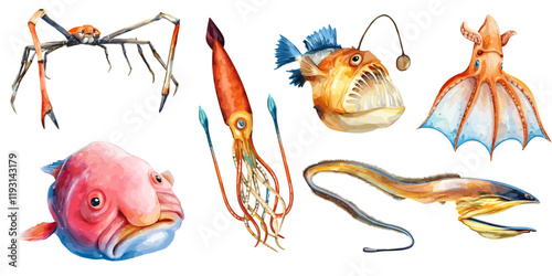 Collection of deep sea creatures painted in watercolor style illustration for ocean themed designs