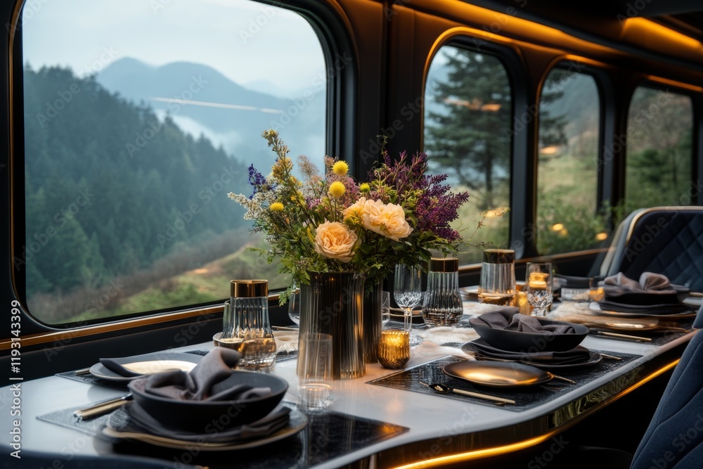 Fototapeta premium A luxury train car for VIP passengers, with plush seating, elegant decor, and panoramic windows showcasing scenic views