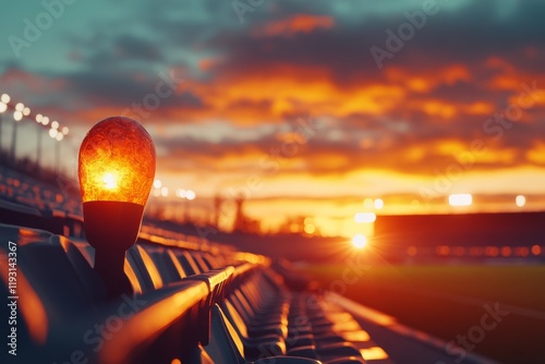 A dramatic sunset over a stadium with a vuvuzela silhouetted in the foreground, evoking a sense of anticipation and excitement