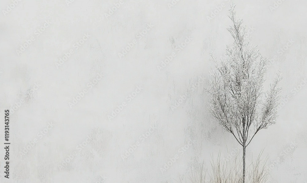 Fototapeta premium Lone frosted tree against a textured white wall in winter. Minimalist nature scene