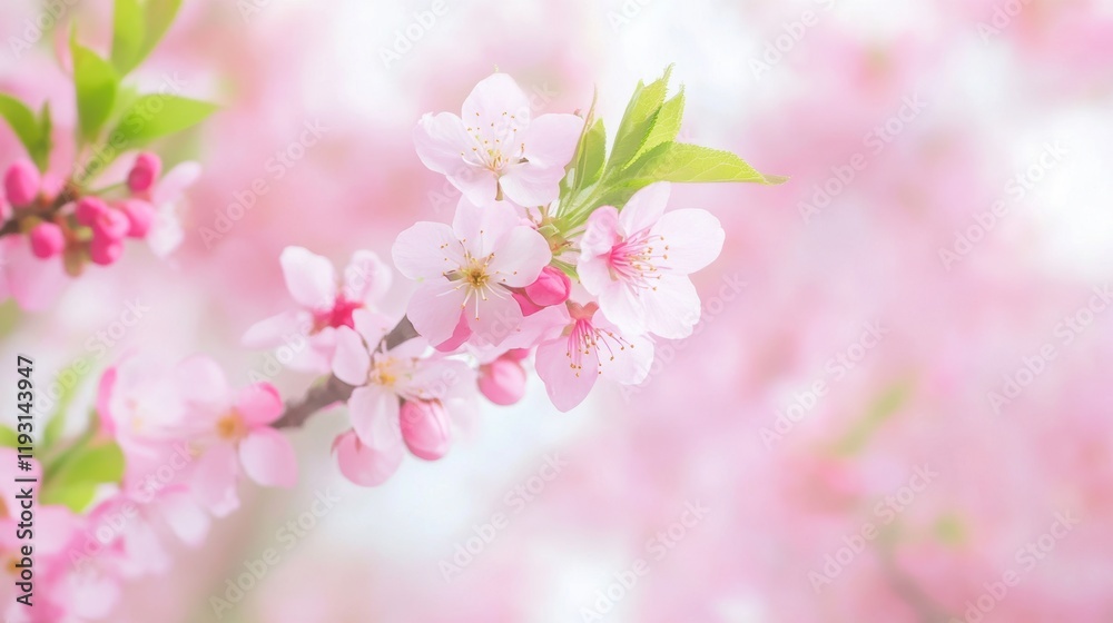 Close-up of blossoming pink cherry blossom flowers on a branch, with soft focus background of delicate pink blooms Close-up of blossoming pink cherry blossom flowers on a branch, with soft focus background of delicate pink blooms