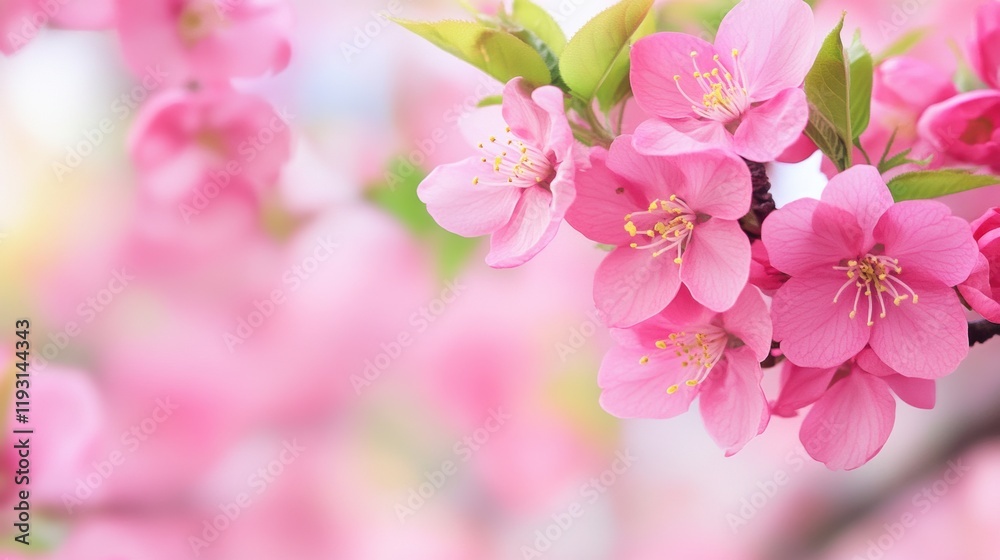 Sprightly cherry blossoms in soft pink hues bloom, surrounded by lush green leaves, creating a serene spring atmosphere
