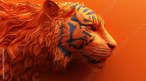 fierce tiger with intricate details and vibrant orange fur, symbolizing strength and power, set against matching orange background photo