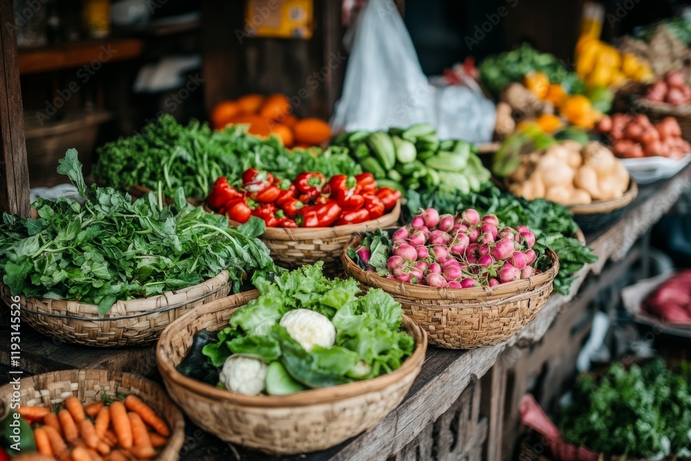 A market scene showcasing a variety of vegetables neatly arranged in baskets, surrounded by bustling activity A market scene showcasing a variety of vegetables neatly arranged in baskets, surrounded by bustling activity