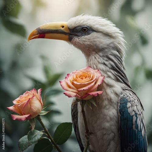 A tropical bird holding a rose bud in its beak, the soft light highlighting the intricate details of both the feathers and the petals, set against white. photo