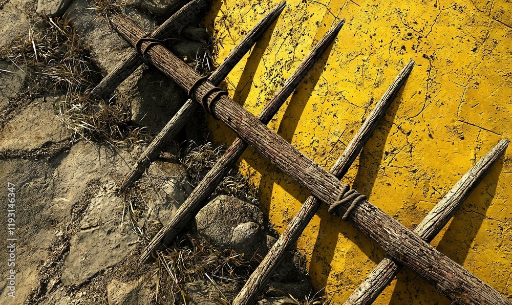 Rustic wooden rake on yellow and stone background, agriculture tool Rustic wooden rake on yellow and stone background, agriculture tool
