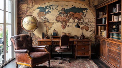 Cozy study featuring a vintage world map mural and antique wooden furnishings for a charming reading nook