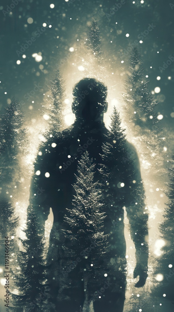 Silhouette of a man illuminated by snow-dusted pine trees in a serene winter landscape filled with gentle snowfall
