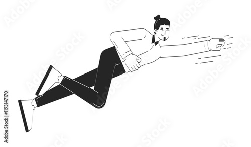 Happy caucasian man flying doodle linear character. Business career. Young male office employee reaching goal 2D vector outline person isolated. Hand drawn drawing illustration monochrome