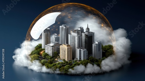 Property insurance investment concept with modern buildings under a glowing shield, highlighting asset protection and risk management photo