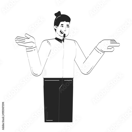 Positive caucasian man shrugging doodle linear character. Business career. Young adult male office employee communicating 2D vector outline person isolated. Hand drawn drawing illustration monochrome