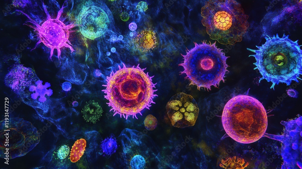 Obraz premium Magnified view of colorful viruses showcasing intricate details in a vibrant scientific style. Generative AI