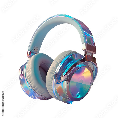 3D chrome element in Y2K style, isolated background, liquid holographic metal. Pair of headphones with a rainbow design, silver and pastel colors.