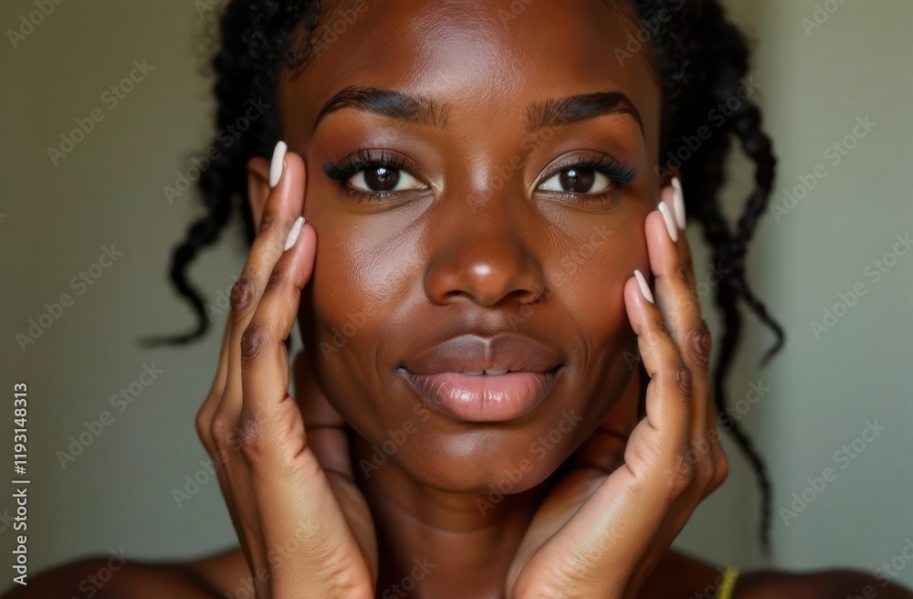 portrait of young attractive African American woman with glowing skin applying serum against neutral background. beauty, skincare and wellness, natural beauty. portrait of young attractive African American woman with glowing skin applying serum against neutral background. beauty, skincare and wellness, natural beauty.