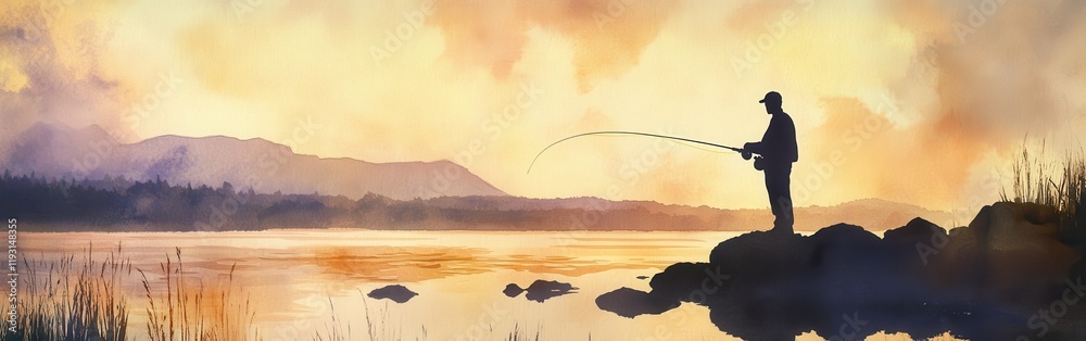 Obraz premium Captivating sunset portrait of a fisherman casting a line in tranquil waters
