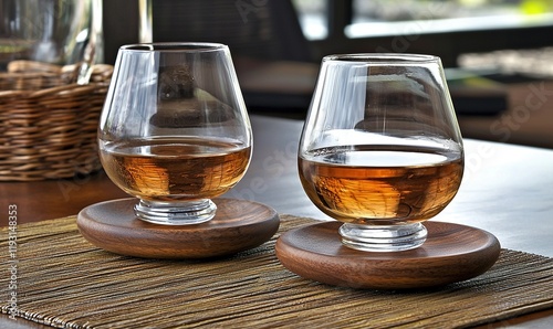 Two whiskey glasses on wooden coasters on a table with a bamboo placemat