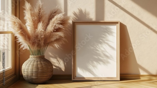 A blank, sleek frame mockup surrounded by delicate pampas grass in a simple vase.