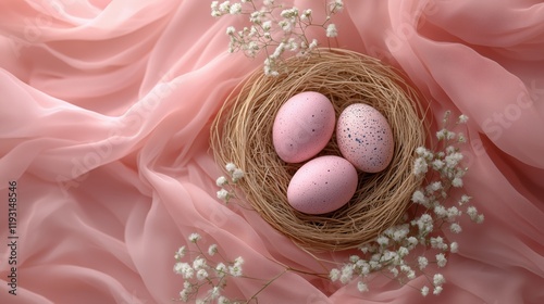 Decorative pink eggs in a nest surrounded by delicate flowers on a soft fabric backdrop